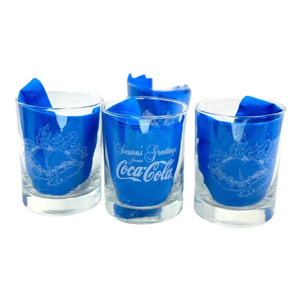 Coca-Cola Seasons Greetings Vintage Bells & Holly Rocks Glasses Set of 4 - Picture 4 of 7